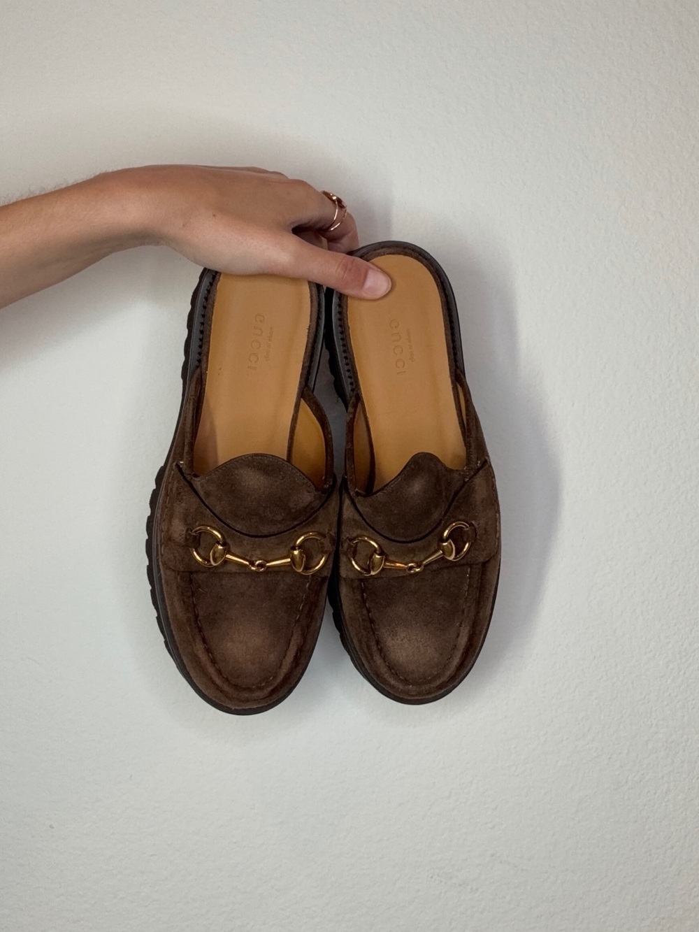 Gucci Brown Suede Lug Sole Mule Loafers with Gold Bit - Picture 4 of 4